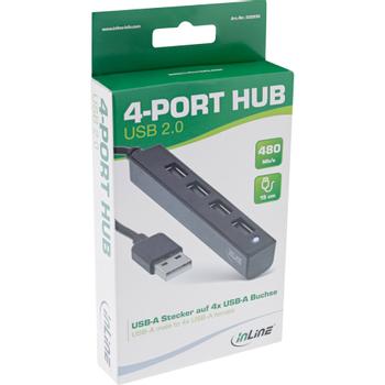 INLINE USB 2.0 4-Port Hub, USB-A male to 4x USB-A female, cable 15cm (33293K)