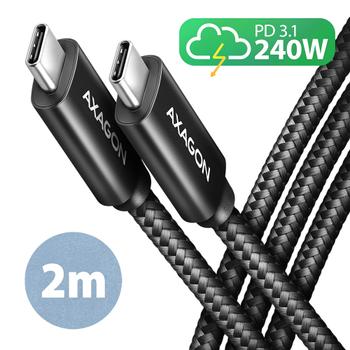 AXAGON BUCM2-CM20AB Ladekabel USB-C zu USB-C 2.0, 2 m, PD 240 W 5 A, ALU - Schwarz - 2 Meter langes USB-C zu USB-C Kabel - Daten- und Ladefähig USB Kabel USB 2.0 USB C (BUCM2-CM20AB)