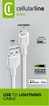 CELLULAR LINE CL Datakabel Lightning 3 meter, Hvit MFI - Made for iPhone sertifisert (USBDATAMFIIPH3MW)
