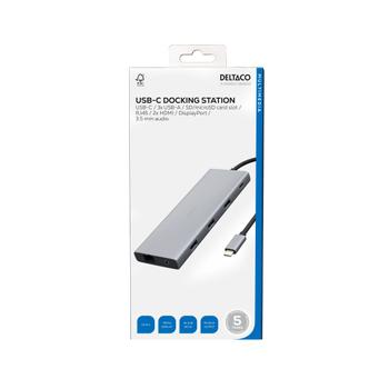 DELTACO USB-C docking station, triple, 2x HDMI, 1x DP/ USB-C/ RJ45/ SD (USBC-HDMI27)