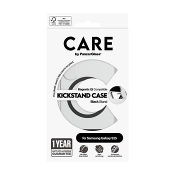 PanzerGlass CARE Galaxy S25 Kickstand Case deksel (gjennomsiktig/ sort) Slankt, men sterkt, Qi-kompatibel,  laget av resirkulerte materialer,  med stativ (CRRFBKQG38388)
