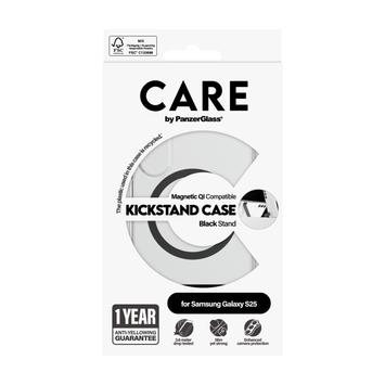 PanzerGlass CARE Galaxy S25 Kickstand Case deksel (gjennomsiktig/ sort) Slankt, men sterkt, Qi-kompatibel,  laget av resirkulerte materialer,  med stativ (CRRFBKQG38388)
