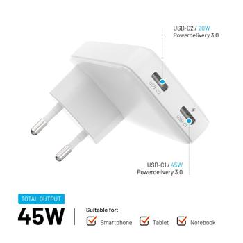 FIXED Slim GaN 90 Super Fast 2x USB-C charger 45W White (FIXCG45S-2C-WH)