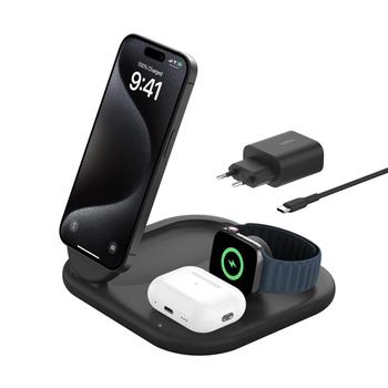 BELKIN 3-i-1 Qi2 Trådløs lader (sort) 15W Qi2, Apple Watch hurtiglader,  5W AirPods, MagSafe-kompatibel (WIZ029VFBK)