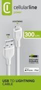 CELLULAR LINE CL Datakabel Lightning 3 meter, Hvit MFI - Made for iPhone sertifisert