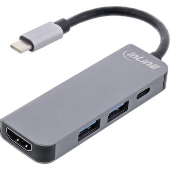 INLINE Multifunctional Hub USB 3.2 Gen.1, 2x USB-A 5Gbps + HDMI 4K/30Hz + USB Type-C PD 87W, aluminium,  grey (33271H)
