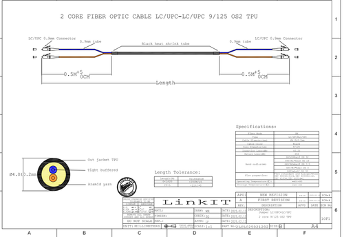 LinkIT outdoor 2 core LC/LC OS2 200m TPU , Duplex , 2 x 9/125 , Black (OUTOS2LL-2000)