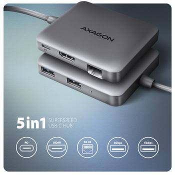 AXAGON N HMC-5HL USB 5Gbps hub 2x USB-A HDMI 4k/60Hz RJ-45 GLAN PD 100W kabel USB-C Ledningsført USB 3.2 Gen 1 (3.1 Gen 1) Type-C Sølv (HMC-5HL)