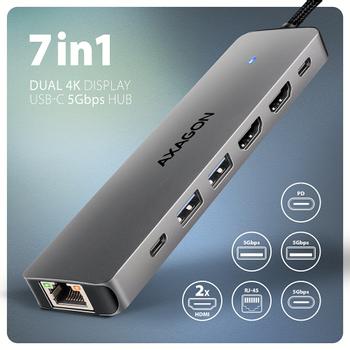 AXAGON HMC-7HX2, USB 5Gbps hub, 2x USB-A, USB-C, 2x HDMI 4k/60Hz, RJ-45 GLAN, PD 100W, kabel 15cm (HMC-7HX2)