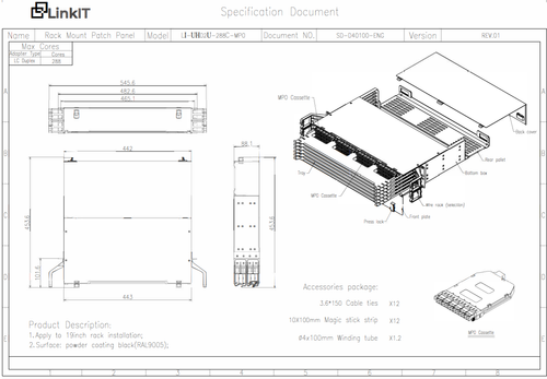 LinkIT 2U slimpanel for 24xMPO kassetter Opp til 288 fiber , uten kassetter (LI-UHD2U-288C-MPO)