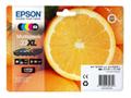 EPSON n Ink Cartridges, Claria" Premium Ink, 33, Oranges, Multipack, 1 x 8.9 ml Cyan, 1 x 8.9 ml Magenta, 1 x 12.2 ml Black, 1 x 8.1 ml Photo Black, 1 x 8.9 ml Yellow, High, XL