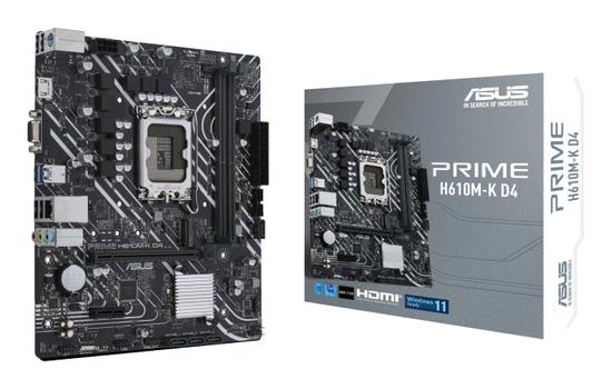ASUS PRIME H610M-K D4 - Motherboard - micro ATX - LGA1700 Socket - H610 Chipset - USB 3.2 Gen 1, USB 3.2 Gen 2 - Gigabit LAN - onboard graphics (CPU required) - HD Audio (8-channel) (90MB1A10-M0EAY0)