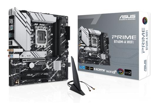 ASUS PRIME B760M-A WIFI - Motherboard - micro ATX - LGA1700 Socket - B760 Chipset - USB 3.2 Gen 1, USB 3.2 Gen 2, USB-C 3.2 Gen 1 - 2.5 Gigabit LAN, Wi-Fi 6, Bluetooth - onboard graphics (CPU required) - (90MB1EL0-M1EAY0)