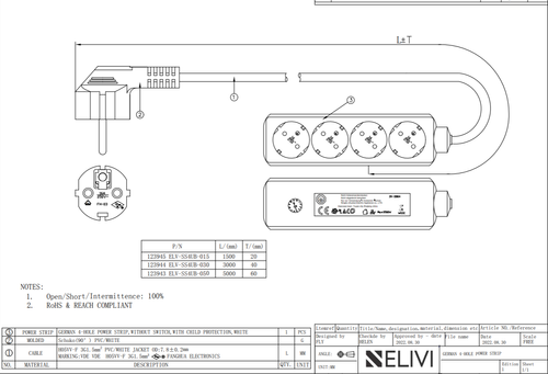 Elivi Strømskinne 4 uttak 3m Hvit , Jordet , u/bryter (ELV-SS4UB-030)