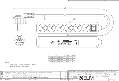 Elivi Strømskinne 6 uttak 1,5m Hvit , Jordet , u/bryter (ELV-SS6UB-015)