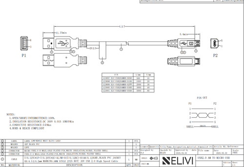 Elivi USB A til Micro B kabel 1 meter (ELV-USB20AMRB-010B)
