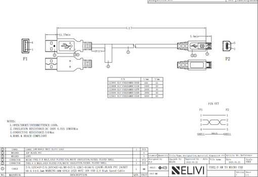 Elivi USB A til Micro B kabel 0,5 meter 2.0 , Svart (ELV-USB20AMRB-005B)