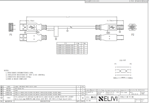 Elivi USB 2.0 A til B kabel 0,5 m 2.0 , Svart (Stor B kontakt) (ELV-USB20AB-005B)