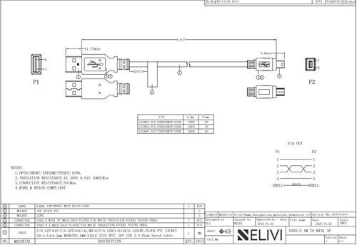 Elivi USB A til Mini B kabel 2 meter 2.0 | Svart (ELV-USB20AMIB-020B)