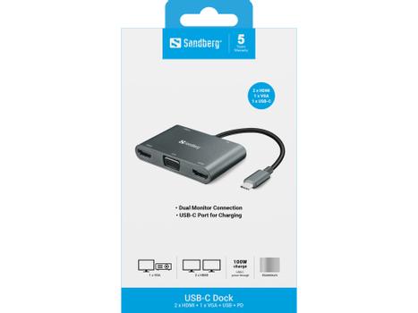 SANDBERG USB-C Dock 2xHDMI+1xVGA+USB+PD (136-35)