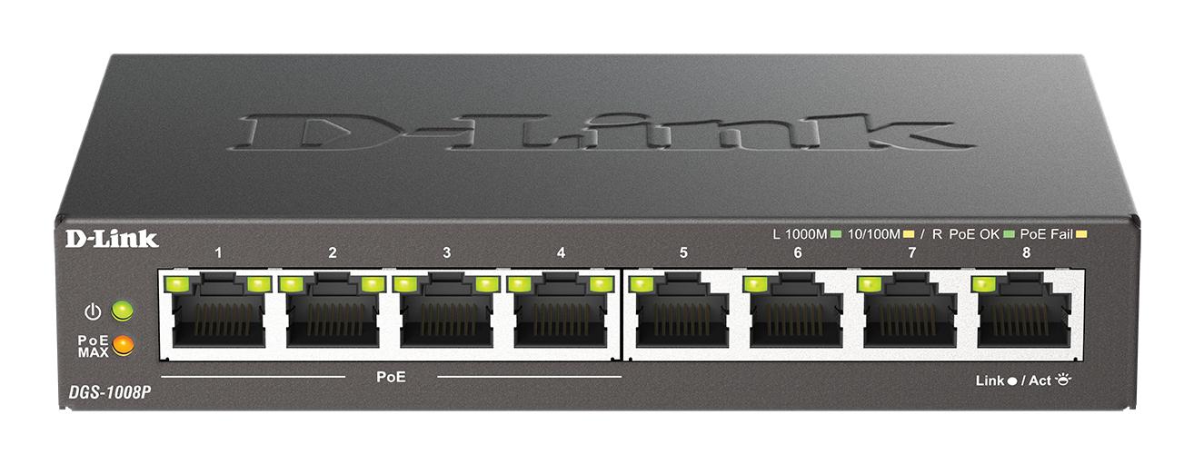D-LINK - DGS 1008P - switch - 8 porter - ikke-styrt