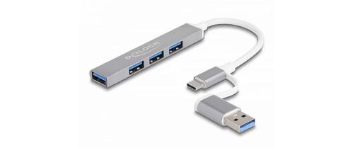 DELOCK 4 Port Slim USB Hub mit USB Type-C oder USB Typ-A zu 3 x USB 2.0 Typ-A Buchse + 1 x USB 5 Gbps Typ-A Buchse (64214)