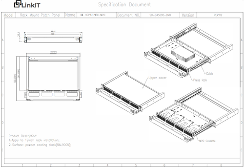 LinkIT 1U MF HD Panel for MPO cassettes Unloaded , Max 96 fiber 1U (LI-HDP1U-96C-MPO)