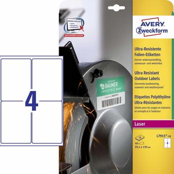 AVERY Laseretiket,  Avery, L7915-10, Slidstærk 99.10mmx139mm hvid, antal etiketter pr. ark : 4 pakke a 40 stk (L7915-10)