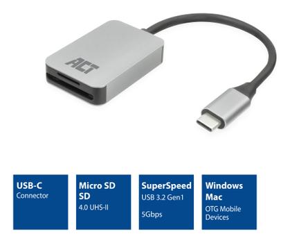 ACT USB-C-kaartlezer voor SD en micro SD, SD 4,0 UHS-II (AC7056)