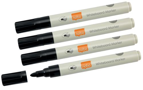 NOBO whiteboardpenner,  4-pack (sort) Laget av 85% resirkulert plast, hurtigtørkende blekk med lite lukt, rund tupp 3mm (1915707)