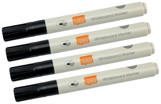NOBO whiteboardpenner,  4-pack (sort) Laget av 85% resirkulert plast, hurtigtørkende blekk med lite lukt, rund tupp 3mm (1915707)