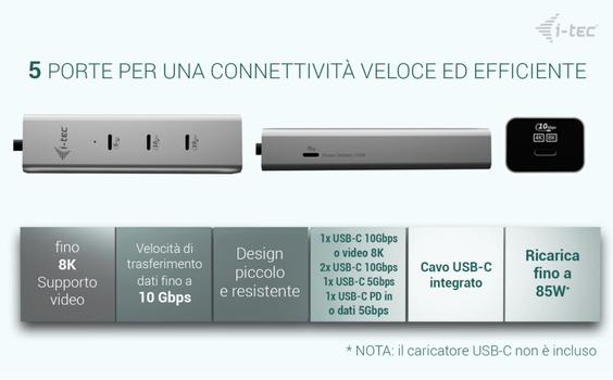 I-TEC USB-C CHARGE HUB 5 PORTS WITH USB-C VIDEO 8K PD 85W PERP (C31HUBMETAL8KPDPRO)