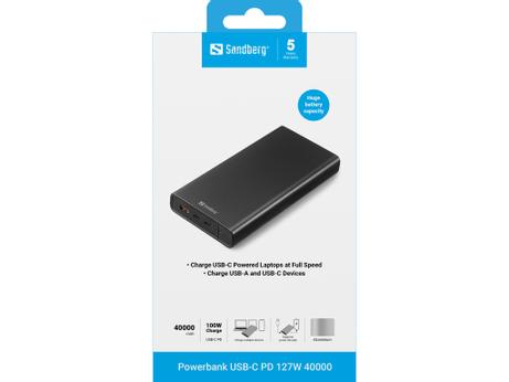 Sandberg Powerbank USB-C PD 100W 38400mAh - fulladet på 1.5 time (420-63)