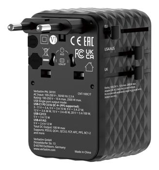 VERBATIM Charge ’n’ Travel 100W Travel Adapter w/ Cable Black (30191)