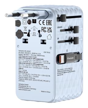 VERBATIM Charge ’n’ Travel 70W 2C Travel Adapter Retractable Blue (30187)