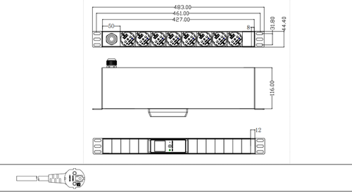 LinkIT 19" Strømskinne 8xCEE 7/4 3m amperemeter,  16A, black (LI-PDU8SAMP-1U-3MB)