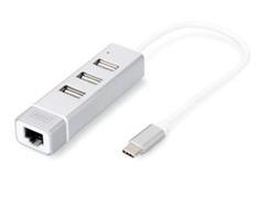 DIGITUS USB 2.0 hub, 3 port, USB-C, RJ45 adapter,, alu.