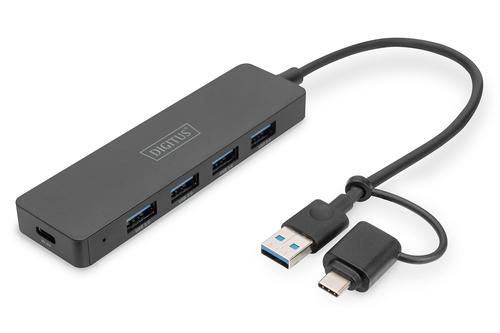 DIGITUS USB 3.0 Hub 4-Port+USB-C Adapter, SlimLine 0,2m Cable (DA-70235)