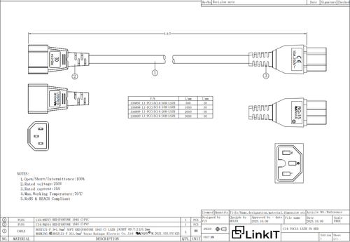 LinkIT strømkabel C15/C14 rød 1m LSZH , 3 x 1,00 mm² , H05Z1Z1-F (LI-PCC15C14-10R-LSZH)