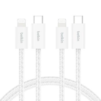 BELKIN BoostCharge - Lightning-kabel - 24 pin USB-C hane till Lightning hane - 1.5 m - vit - snabbladdning (paket om 2) (BBD011HQ05WH2PK)