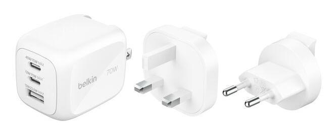 BELKIN BOOSTCHARGE 70w 2C1A Wall Charger with interchangable plug tips UK, EU, US (WCH018HQWH)