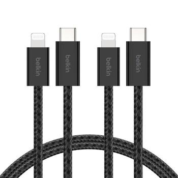 BELKIN BoostCharge - Lightning-kabel - 24 pin USB-C hane till Lightning hane - 1.5 m - MFI-certifierad - svart - snabbladdning (paket om 2) (BBD011HQ05BK2PK)