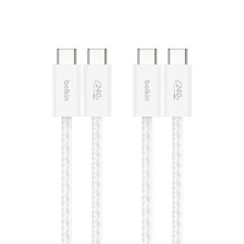 BELKIN BoostCharge - USB-kabel - 24 pin USB-C (hane) till 24 pin USB-C (hane) - DC 48 V - 5 A - 1.5 m - USB-strömförsörjning (240W), flätad kabel - vit (paket om 2) (BBD009HQ05WH2PK)
