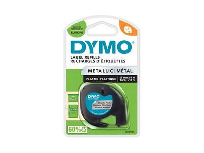 DYMO Letratag plastiktape,  sort på metallic sølv, 12mm x 4m rulle, selvklæbende (S0721730)