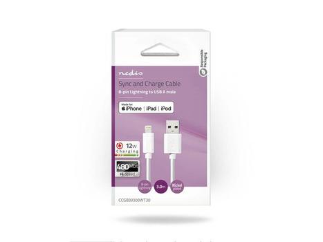 NEDIS Kabel NEDIS USB til lightning 3m (CCGB39300WT30)