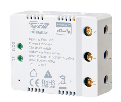 SHELLY Plug & Play ""PbS Ogemray Smart Relay 25A"" GroÃ?gerÃ¤te Relais max 25A Messfunktion WLAN L... (Shelly_PbS_SW40)