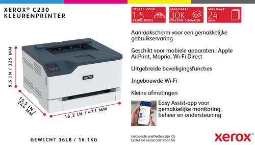 XEROX C230 - Skrivare - färg - Duplex - laser - 216 x 340 mm - 600 x 600 dpi - upp till 22 sidor/ minut (mono)/ upp till 22 sidor/ minut (färg) - kapacitet: 250 ark - USB 2.0, LAN, Wi-Fi(n), USB 2.0-värd (C230V_DNI)