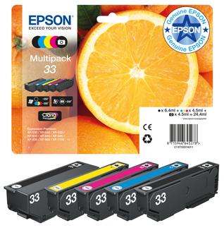 EPSON n Ink Cartridges,  Claria" Premium Ink, 33, Oranges, Multipack,  1 x 6.4 ml Black, 1 x 4.5 ml Yellow, 1 x 4.5 ml Photo Black, 1 x 4.5 ml Cyan, 1 x 4.5 ml Magenta, Standard (C13T33374510)