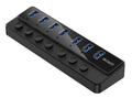 DELTACO USB-A hub, 7x USB-A ports, power switches, power supply, blk