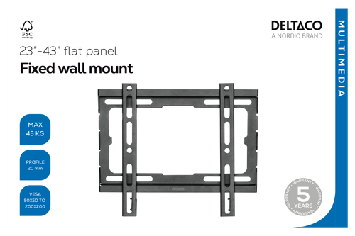 DELTACO Wall mount, fixed, 23-43", 45 kg (ARM-519-B)